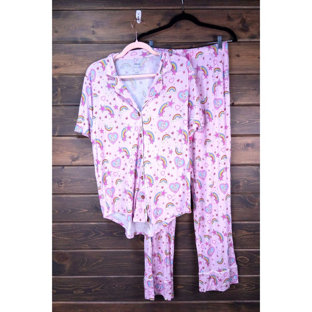 Barbie x Posh Peanut Pink Rainbow Pajama Set Womens Size Medium Button Up Pants